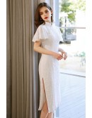 Retro Modest High Neck White Lace Wedding Party Dress With Beaded Flare Sleeves