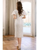 Retro Modest High Neck White Lace Wedding Party Dress With Beaded Flare Sleeves