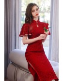 Retro Neck Lace Fitted Red Formal Party Dress With Beaded Flounced Sleeves