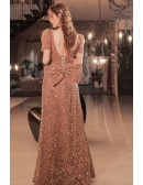 Bling-bling All Sequin Long Pink V Neck Prom Dress With Short Sleeves
