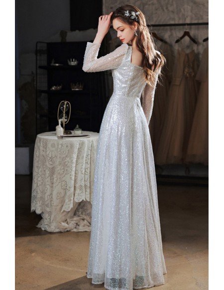 Sparkly Silver Long Sequin Prom Dress With Sleeves