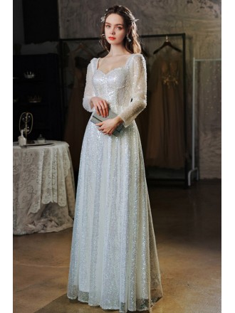 Sparkly Silver Long Sequin Prom Dress With Sleeves