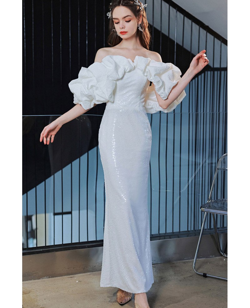 Off Shoulder Ruffle Sequin White Evening Party Dress #T21001 - GemGrace.com