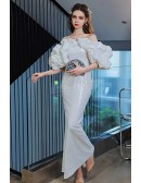 Off Shoulder Ruffle Sequin White Evening Party Dress