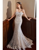 Delicate Lace Long Fitted Mermaid Strapless Wedding Dress With Flouncing Neck