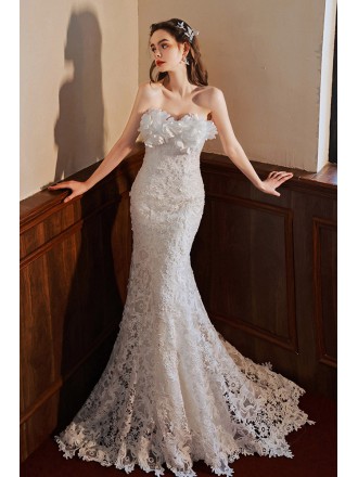 Delicate Lace Long Fitted Mermaid Strapless Wedding Dress With Flouncing Neck