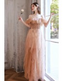 Off Shoulder Champagne Beading Prom Dress With Ruffle Skirt