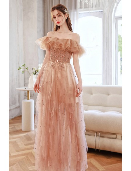 Off Shoulder Champagne Beading Prom Dress With Ruffle Skirt