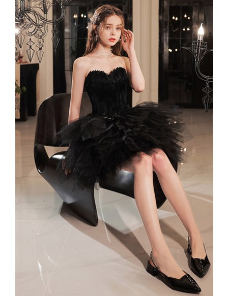 Little Black Short Feather Homecoming Prom Dress Strapless For Girls