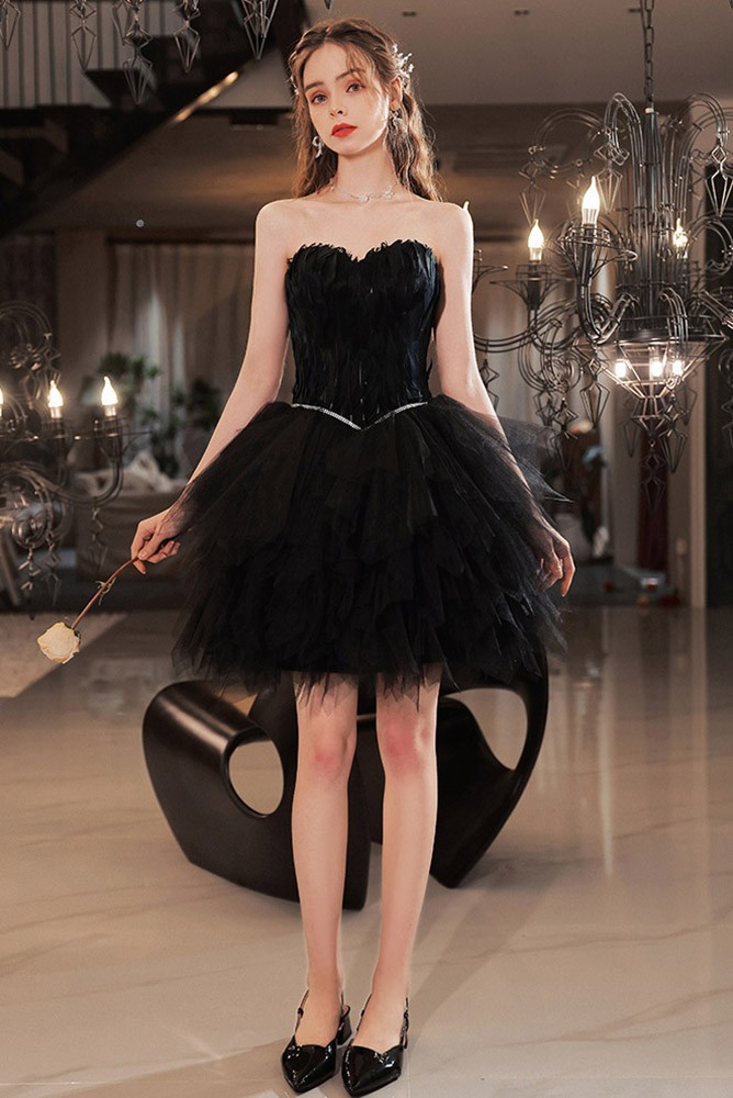 Little Black Short Feather Homecoming Prom Dress Strapless For Girls T21033 GemGrace