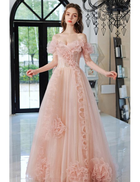 Off Shoulder Ruffle Flowers Pink Long Prom Dress For Girls