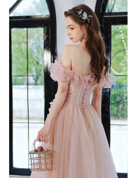Off Shoulder Ruffle Flowers Pink Long Prom Dress For Girls