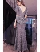 Shiny All Sequin V Neck Sleeves Blue Prom Dress With Bow Back