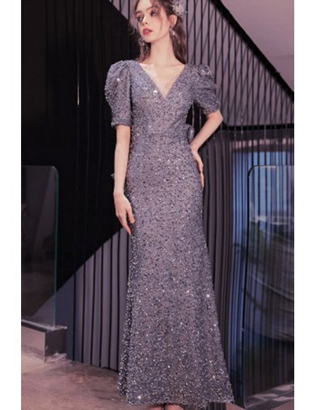 Shiny All Sequin V Neck Sleeves Blue Prom Dress With Bow Back