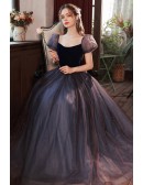 Bright Navy Blue Long Tulle Prom Party Dress With Bubble Sleeves