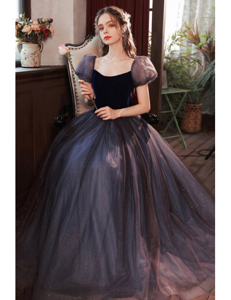 Bright Navy Blue Long Tulle Prom Party Dress With Bubble Sleeves