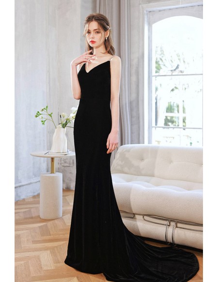 Slimming Velvet Black Simple Open Back Evening Dress With Spaghetti Straps