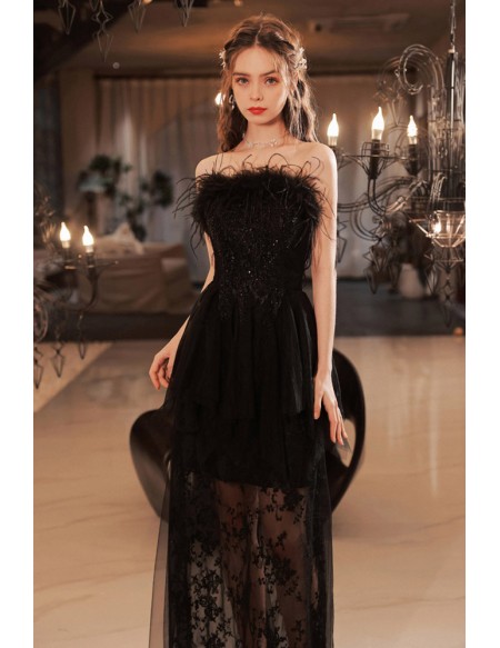 Feathers Strapless Lace Tulle Black Long Formal Party Dress With Sheer Skirt