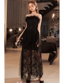 Feathers Strapless Lace Tulle Black Long Formal Party Dress With Sheer Skirt