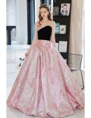 Strapless Long Slit Pleated Crystals Ball Gown Prom Dress Black And Pink