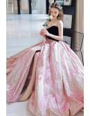 Strapless Long Slit Pleated Crystals Ball Gown Prom Dress Black And Pink