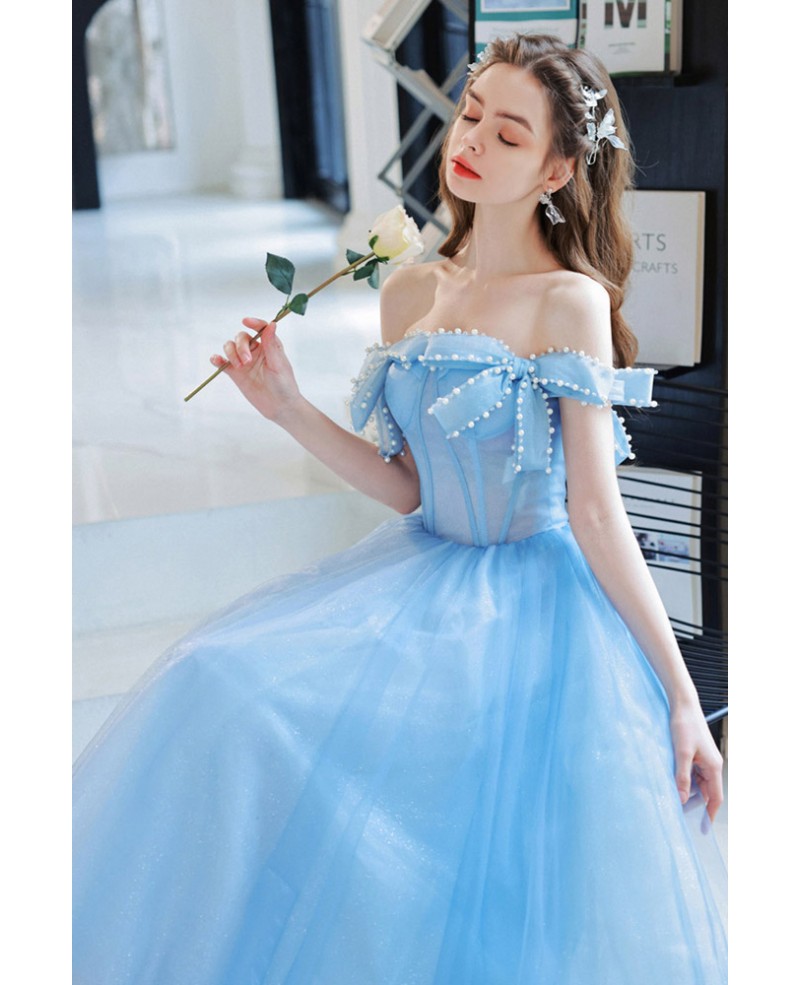 Off Shoulder Blue Long Tulle Prom Dress With Beading Bow Neckline # ...