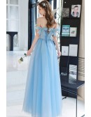 Off Shoulder Blue Long Tulle Prom Dress With Beading Bow Neckline