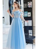 Off Shoulder Blue Long Tulle Prom Dress With Beading Bow Neckline