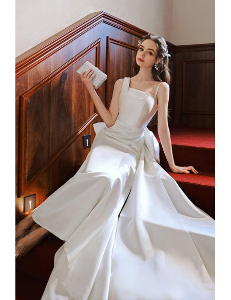 Simple Long White Wedding Party Dress With Big Bow Back