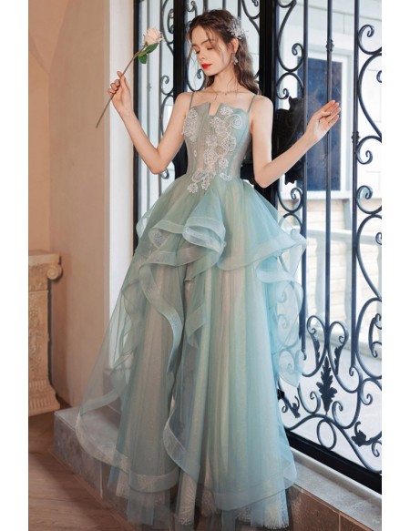 Ruffle Long Green Tulle Pattern Prom Dress With Spaghetti Straps