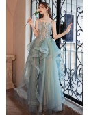 Ruffle Long Green Tulle Pattern Prom Dress With Spaghetti Straps