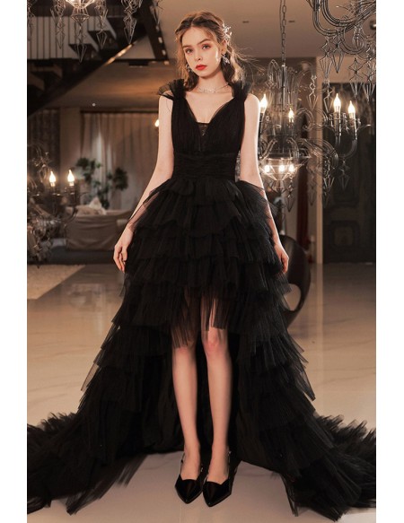 High Low Multi Layers Tulle Black Long Party Prom Dress With Open Back