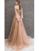 Off Shoulder Long Sleeve Prom Dress Champagne Tulle With Appliques