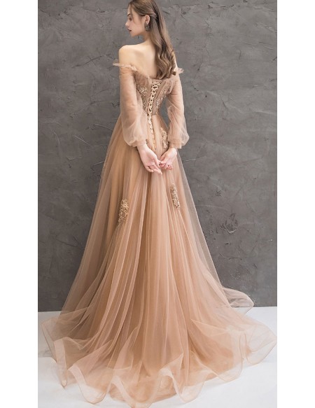 Off Shoulder Long Sleeve Prom Dress Champagne Tulle With Appliques