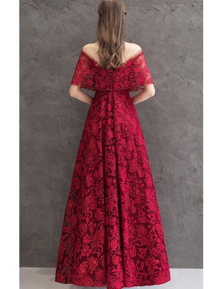 Full Lace Long Burgundy Formal Dress With Illusion Cape Sleeves