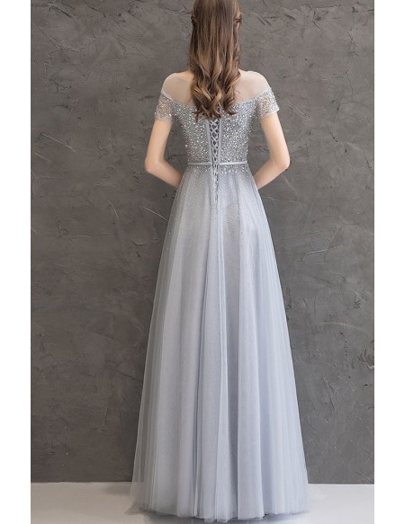 Gorgeous Grey Bling Sequins Modest Prom Dress With Illusion Short Sleeves