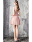 Rose Pink Tulle Short Prom Dress Vneck With Bling Sequins