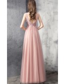 Beaded Flowy Long Tulle Pink Prom Dress Vneck With Bling Sequins