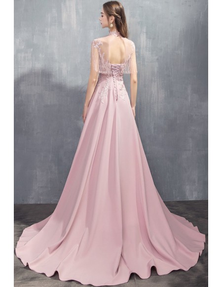 Luxury Tassels Beaded Long Train Satin Evening Prom Dress With Illusion Neckline