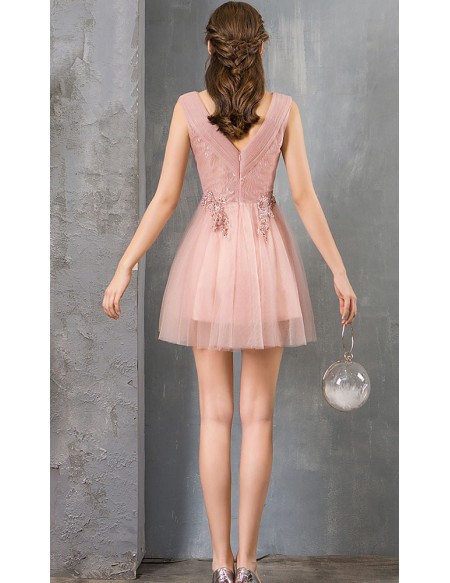 Pretty Short Tulle Pink Prom Dress Cute Pleated Vneck