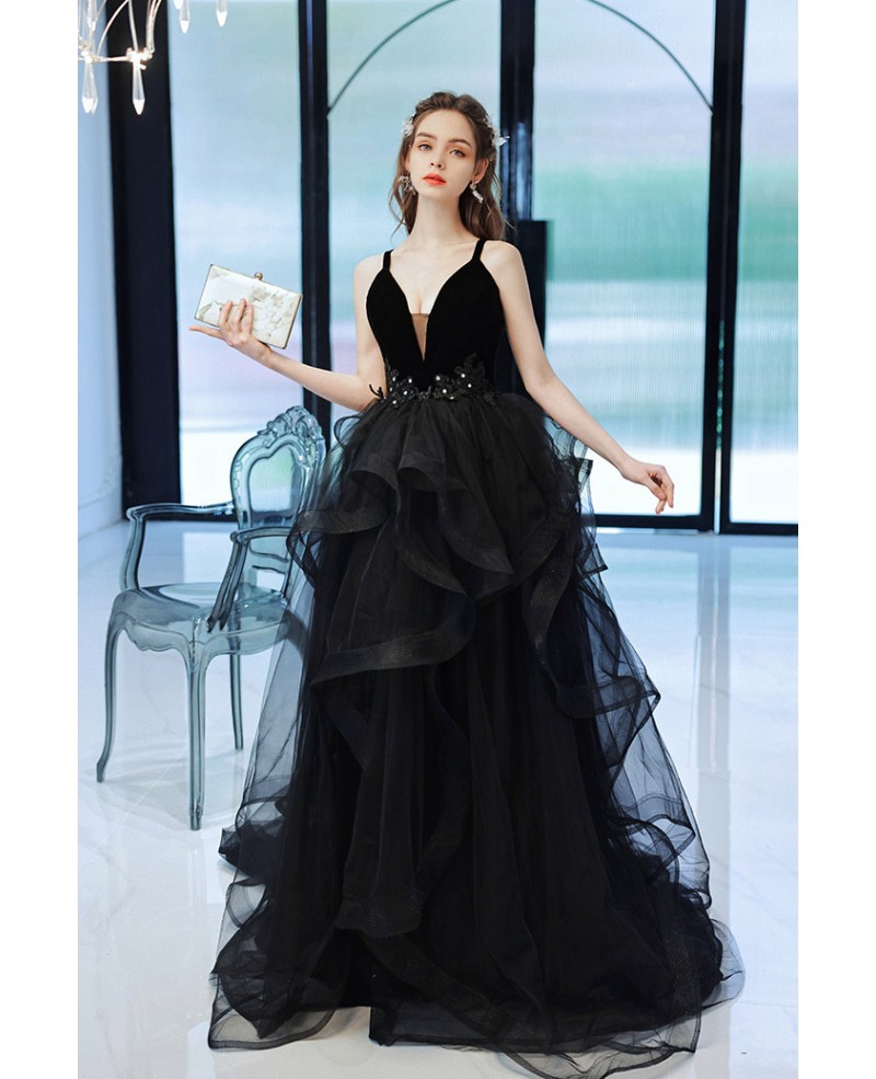 Simple Black Long Ruffle Tulle V Neck Formal Prom Dress #T21016 ...