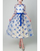 Retro Tea Length Blue Flowers Lace Party Dress With Sash