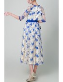Retro Tea Length Blue Flowers Lace Party Dress With Sash