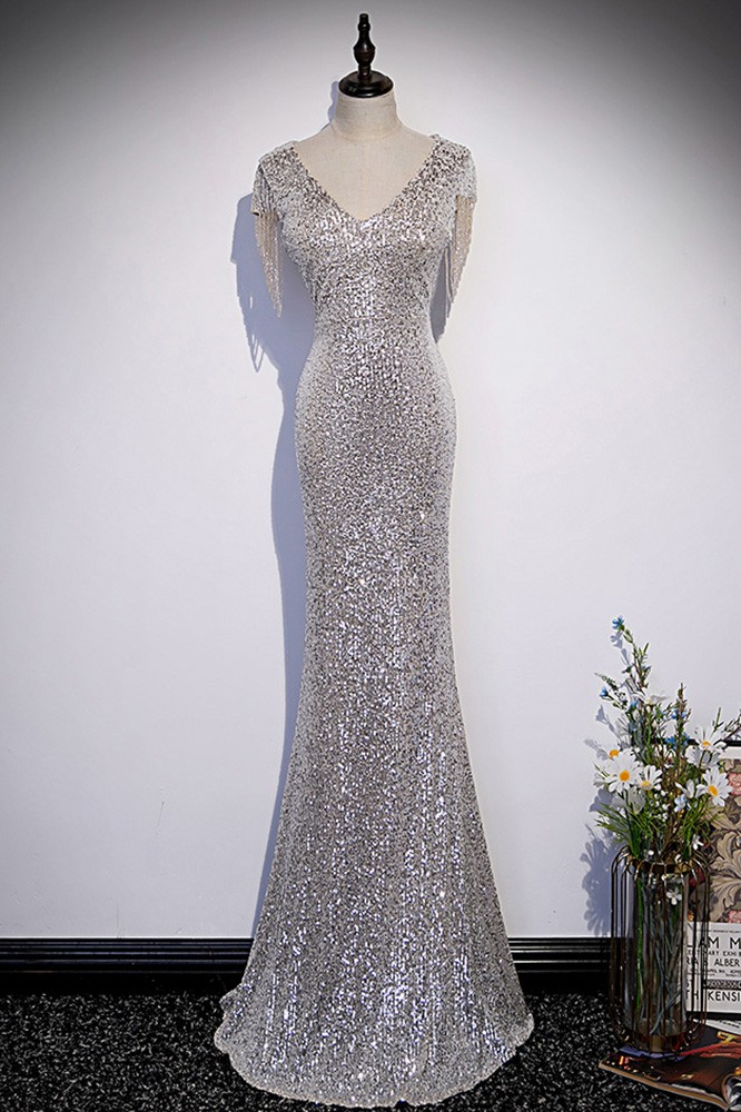 Mermaid Square Neck Sequins Green Floor Length Evening Dress With Slit main image 1