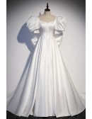 French Romantic White Satin Formal Prom Dress With Big Bow In Back