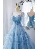 Fairytale Blue Pleated Long Tulle Prom Dress With Flowers