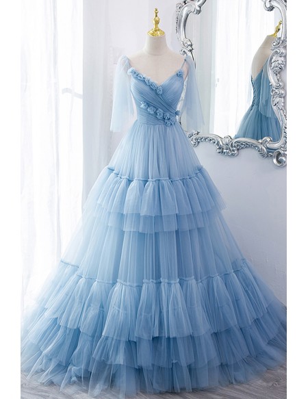 Fairytale Blue Pleated Long Tulle Prom Dress With Flowers