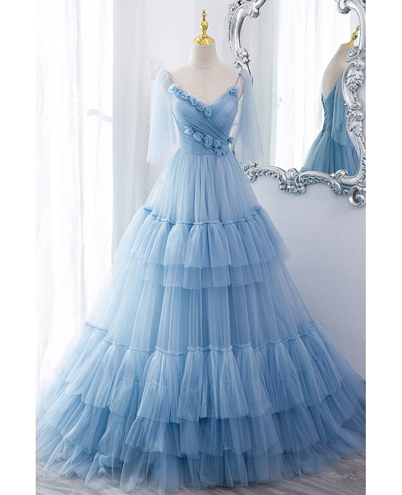 Fairytale Blue Pleated Long Tulle Prom Dress With Flowers #MX17071