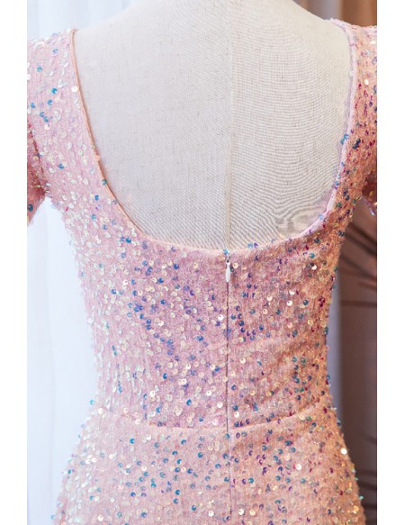 Modest Sequined Pink Long Formal Dress With Square Neckline #MX17111 ...