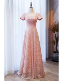 Modest Sequined Pink Long Formal Dress With Square Neckline